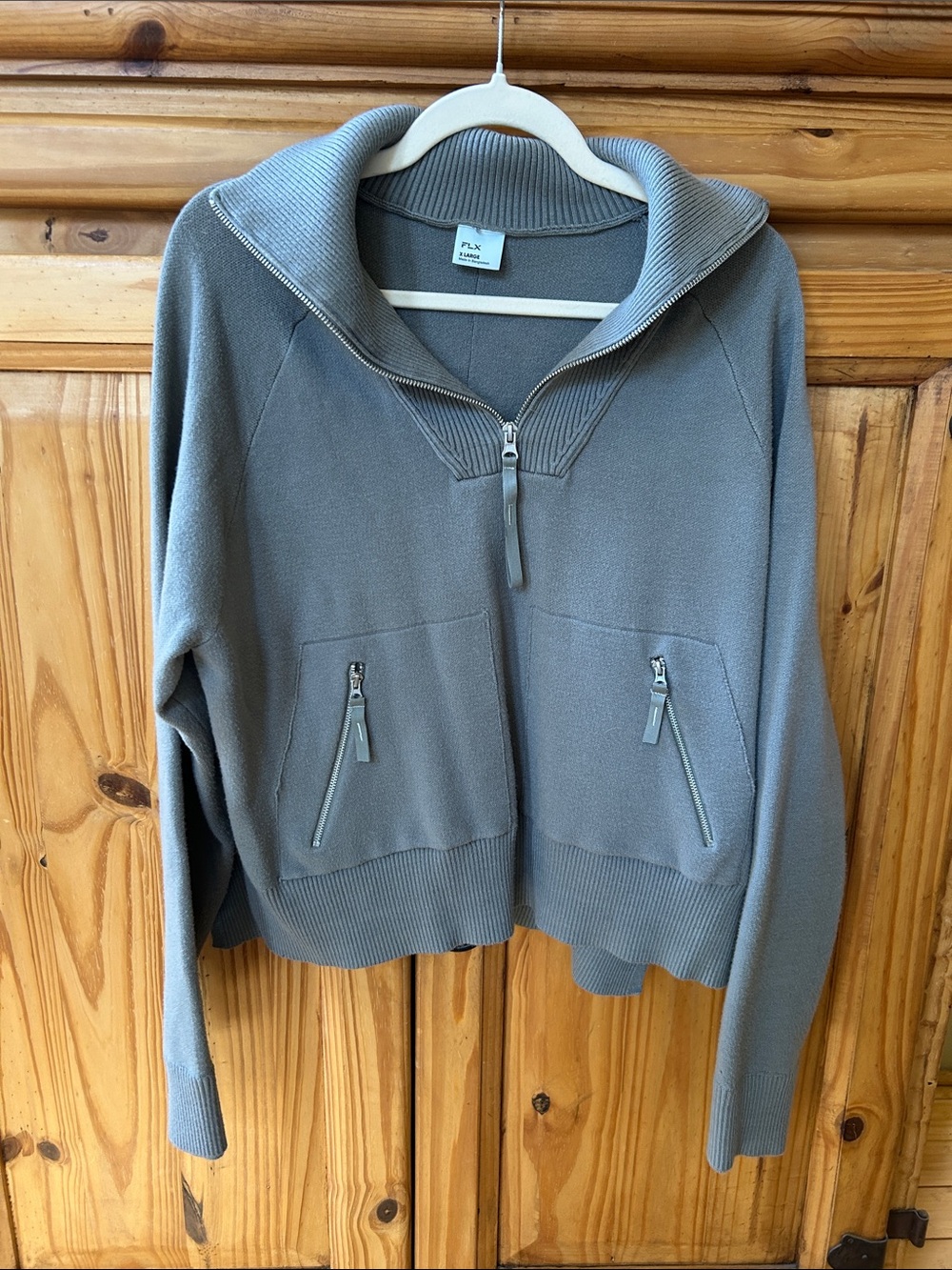 FLX Gray Quarter Zip Cropped Sweater Zip Pockets Ripped Collar Athletic